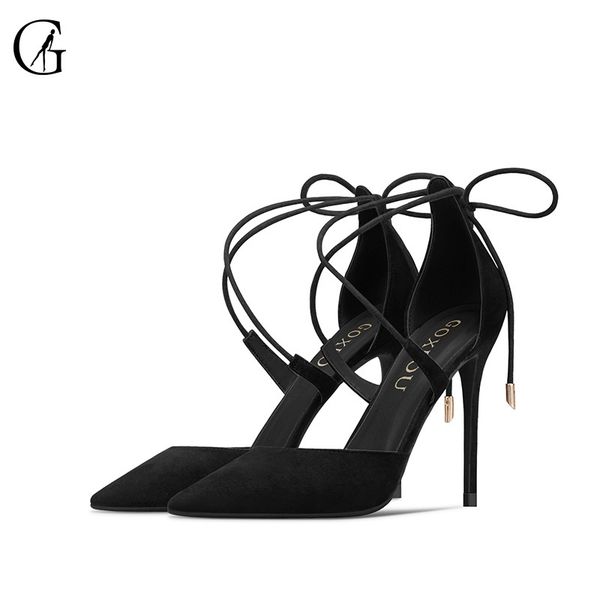 

goxeou women's pumps flock d'orsay lace up bow pointed toe high heels party nightclub fashion office lady sandals size3246 210225, Black