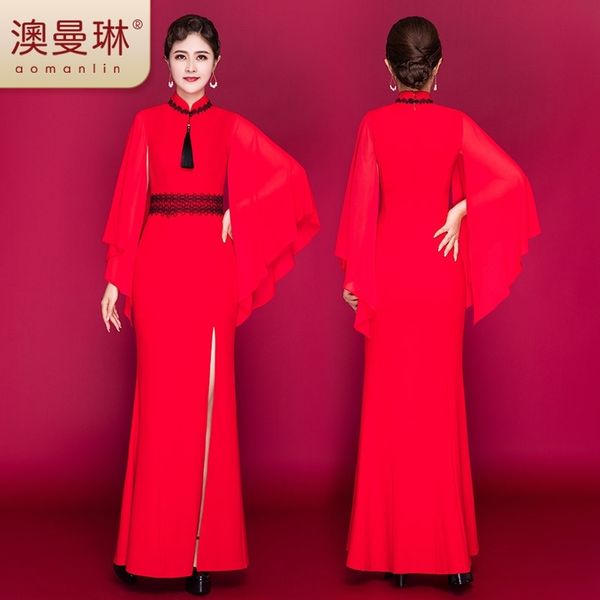 

china style red 2020 new elegant slim long dress, White;black