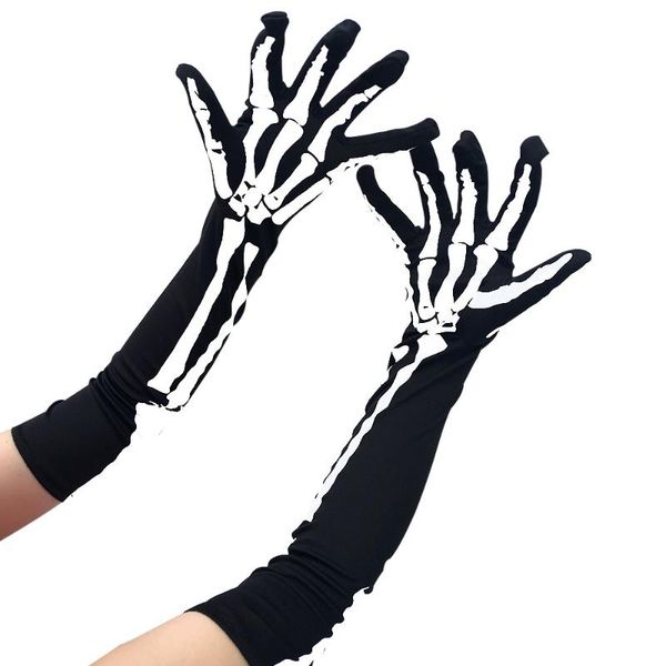 

five fingers gloves halloween lady gothic hipster punk mittens scare props skeleton print cool women opera length nylon glove 2021 50*10 cm, Blue;gray