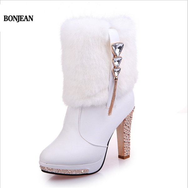 

boots high heels snow women leather platform plush ladies winter shoes warm fur ankle for botas mujer 2021 fashion, Black