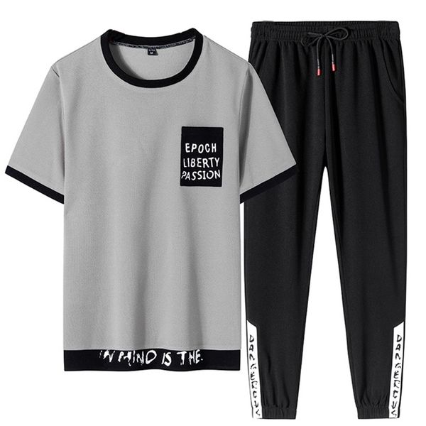 

plus size summer men t-shirt sets 2 piece short sleeved sportswear tracksuit men casual jogger sweat suits 6xl 7xl 8xl 210806, Gray