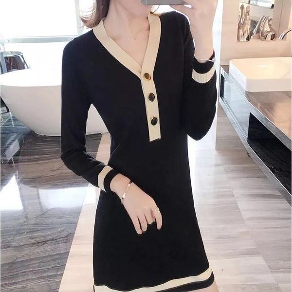 

knitted one-piece dress korean fashion style autumn black long sleeve bodycon mini dress women elegant dresses for women, Black;gray