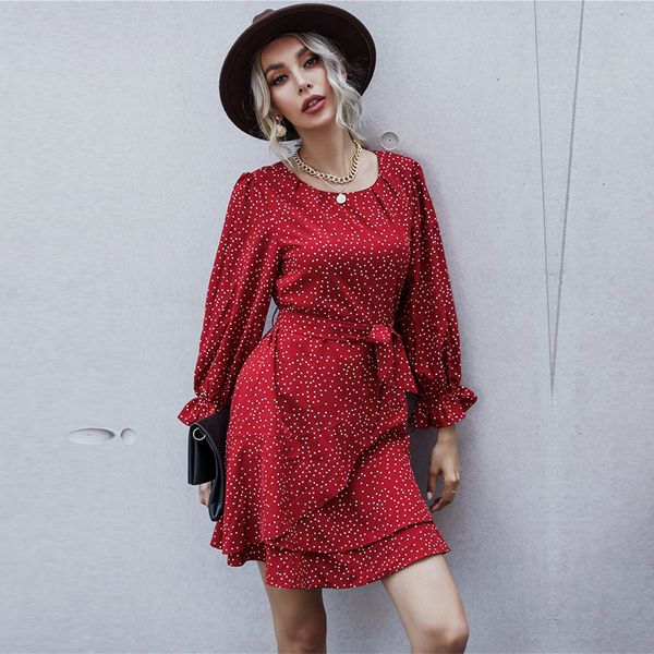 

2021 autumn winter ruffles dot print casual o neck high waist slim bandage for women new fashion 0nrz, Black;gray