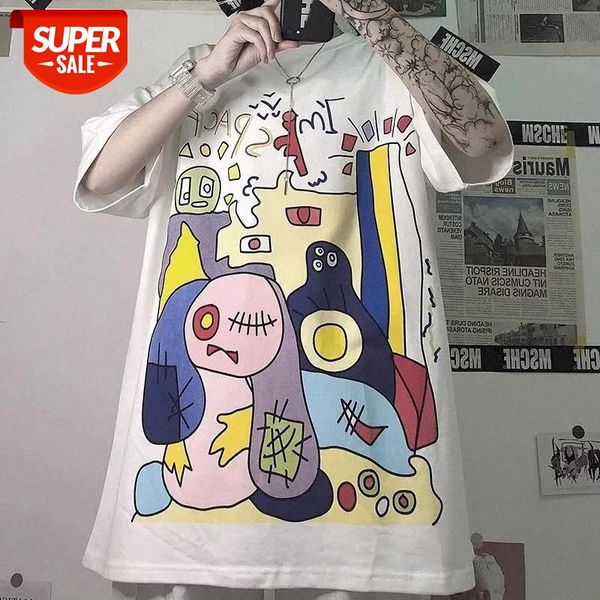 

t-shirt female pure cotton short-sleeved printed harajuku style loose round neck quirky girl graffiti half-sleeved women #nd8o, White