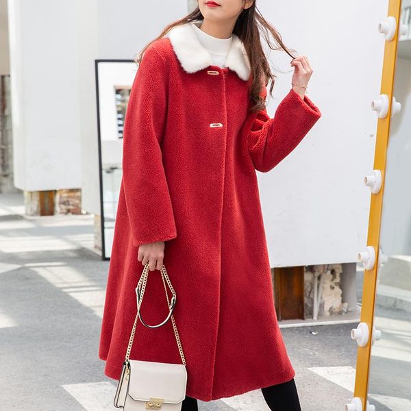 

women's fur & faux natural winter real mink female collar jacket women 100% sheep shearing coat korean long wool hiver r19304, Black
