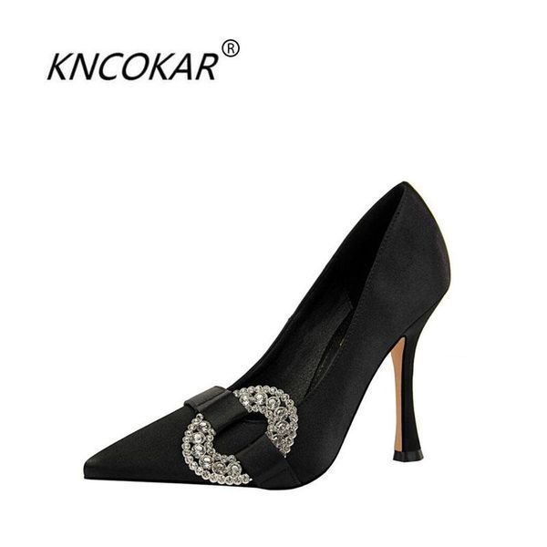 

kncokar 2021 ashionable ultra - high wine glass and satin shallow-pointed nightclub show thin water drill single shoe, Black