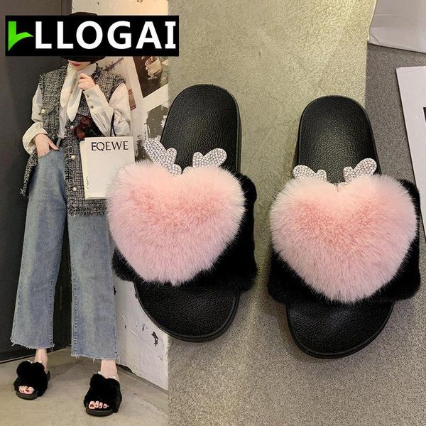 

slippers fashion fur slides women 2021 summer home shoes house warm love heart non-slip floor furry, Black
