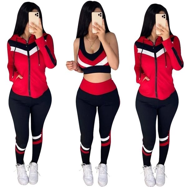 

women tracksuits long sleeve hooded coat jacket patchwork vest t shirt crop pants casual sports suit three pieces set s-xl 21021801, White