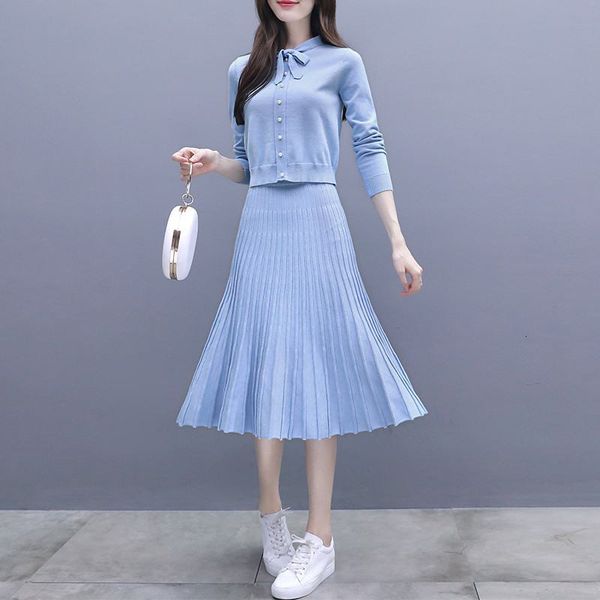 

2021 new autumn two piece women lace up beading knit pullover sweater slim pleated set tricot skirt knitwear suit k243eg4b, Black;gray