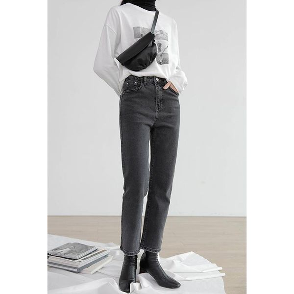 

women's jeans women high waist straight leg grey color, Blue