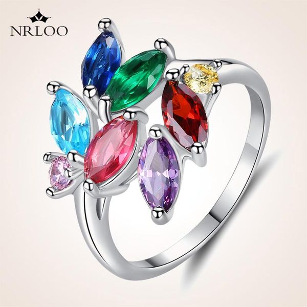 

wedding rings leaf shape silver ring with colorful stone crystal zircon cz finger for women jewelry engagement teen girls gifts, Slivery;golden