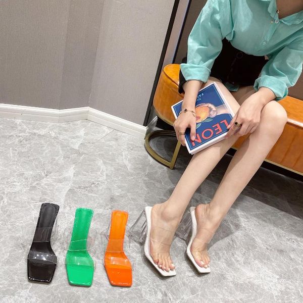 

slippers female shoes square toe ladies' luxury slides low transparent heel 2021 designer pu rome plastic fabric rubber basic, Black