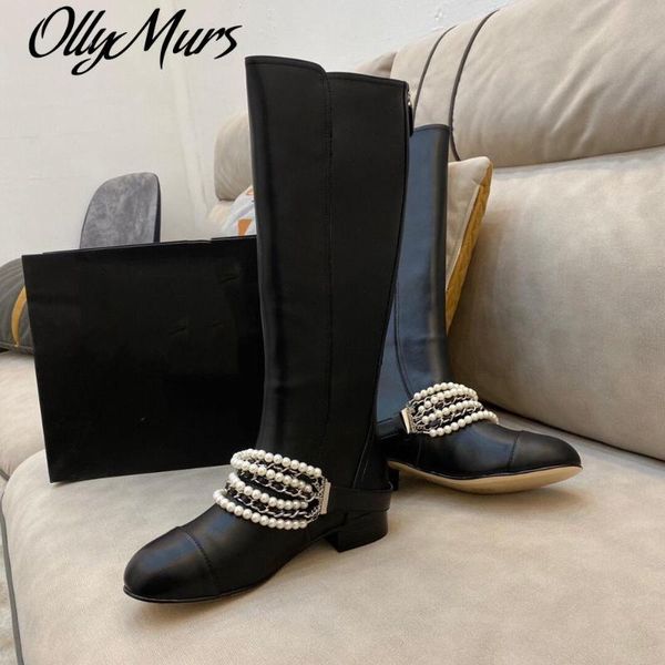 

boots ollymurs genuine leather knee high woman string bead decora knight round toes low heels feminina, Black