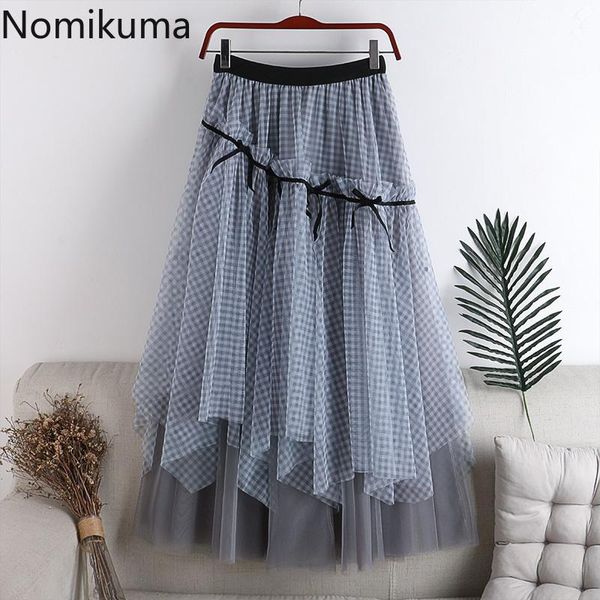 

nomikuma gauze patchwork plaid skirt women stretch high waist a line mid calf skirts female new fashion irregular faldas mujer, Black