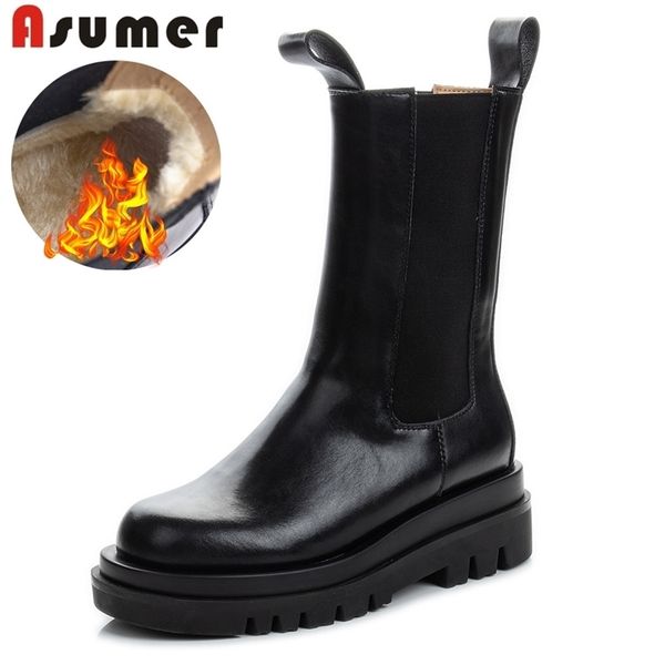 

asumer full genuine leather boot slip on chelsea platform shoes fashion chunky ankle for 211105, Black