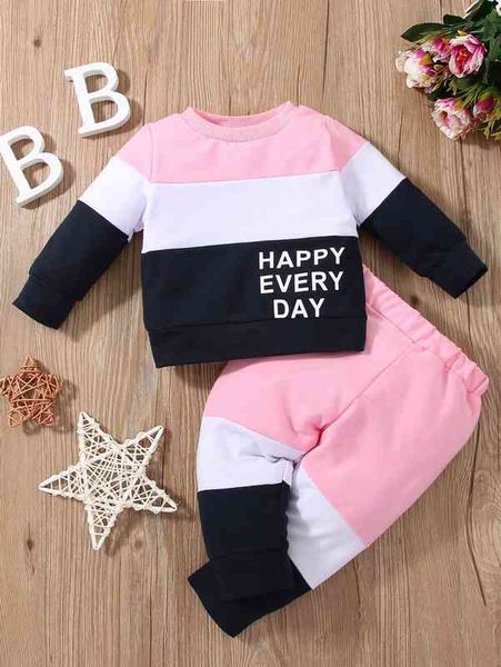 

baby slogan graphic colorblock sweatshirt & sweatpants she, White