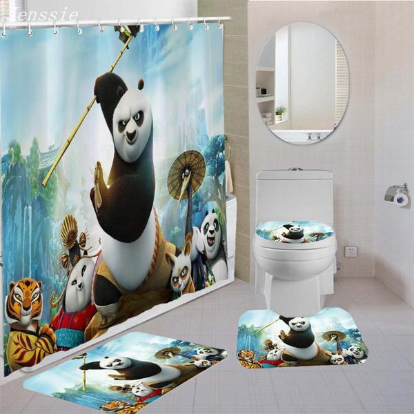 

shower curtains cartoon kungfu panda bath animal curtain set toilet cover carpet non-slip mat chinese style bathroom decoration