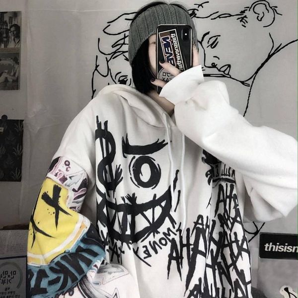 

women's hoodies & sweatshirts gothic japan cartoon harajuku hooded sweatshits women autumn print oversize punk females hip hop streetwe, Black