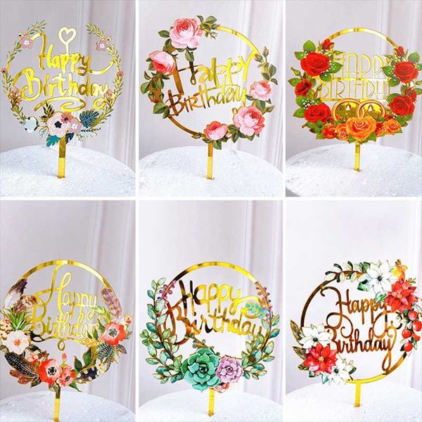 

1pc multi-style flowers happy birthday cake er golden acrylic birthday party dessert decoration for diy party baking supply