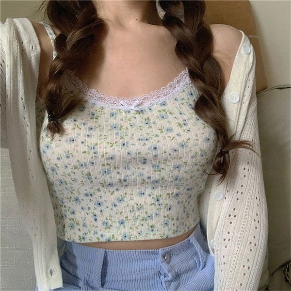 

fashion spaghetti straps women camis streetwear slim women's crop sleeveless blue green floral print female tank t200728, White