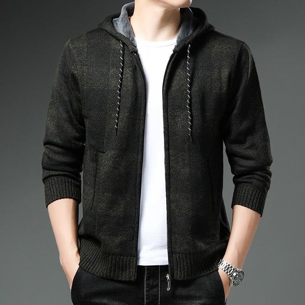 

men's jackets fleece and thick knit cardigan fashionable plaid hooded jacket warm sweater casual loose wear, Black;brown
