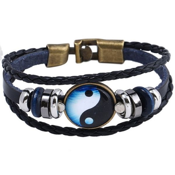 

new pair buckle time bagua leather bracelet with yin yang alloy leather bracelet, Black