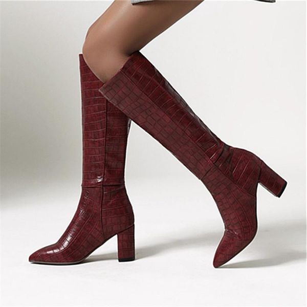 

boots 2021 western cowboy knee high faux leather women fashion wedges heels long autumn winter zipper shoes, Black