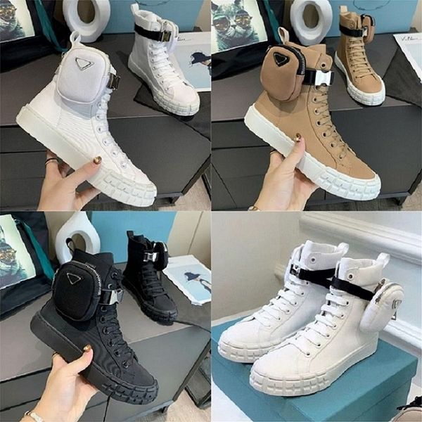

designer boots re-nylon shoes wheel ankle with bags triangle women man combat boot winter autumn luxury fashion round toe flat heel shoe lac, Black
