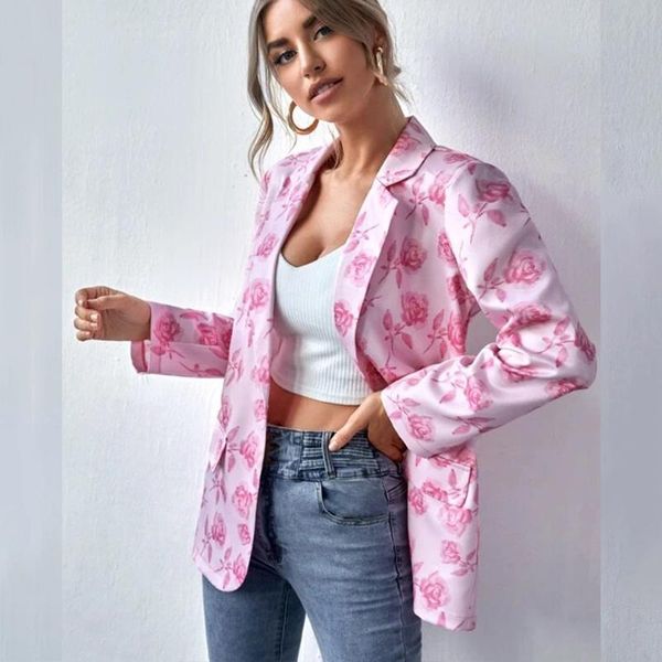 

women's suits & blazers pink flower irregular printing loose womens blazer long sleeve casual 2021 autumn elegant office lady coat, White;black