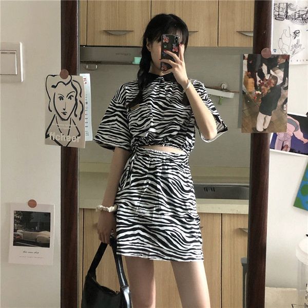 

french retro zebra pattern ladies down polo sleeve shirt short two pieces summer skirt suit y9rw, Black;gray