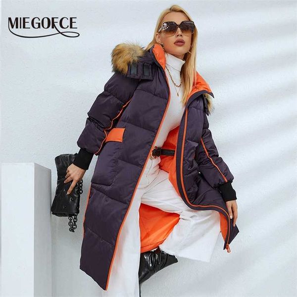 

miegofce autumn winter women long jacket hood with fake fur collar parka fancy design pockets coat female outerwear d21518 211215, Black