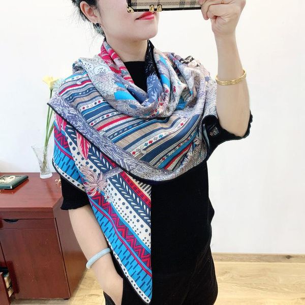 

scarves luxurious brand designer women scarfs stain silk cashmere blend big square winter wraps and shawls handmade sun print, Blue;gray