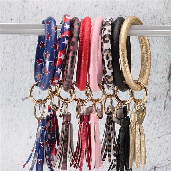 

keychains fashion multicolor pu leather o key chain custom circle tassel wristlet bangle women girl ring jewelry gifts, Silver