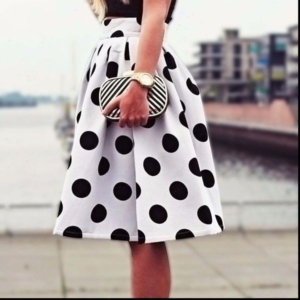 

2021 autumn amp winter casual black dots print pleated midi skater skirt high waist skirt saia for women girl high quality