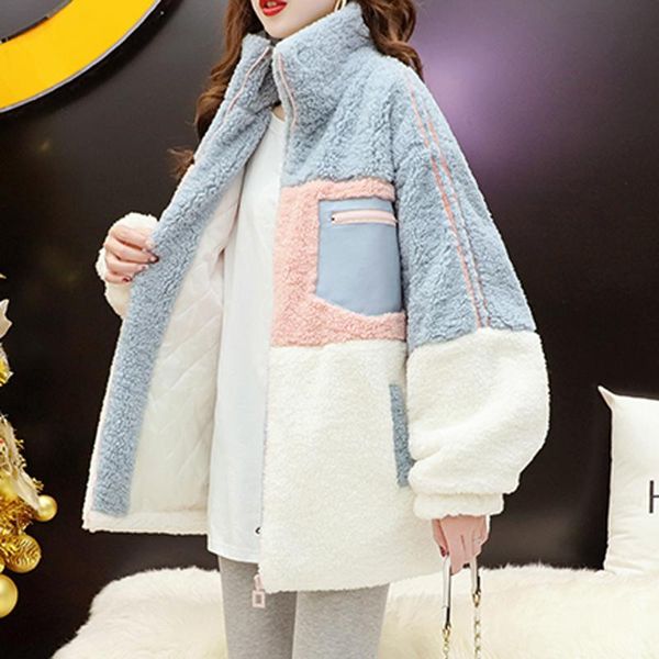 

women's fur & faux girl winter hairy jacket women warm loose coats all match wool japan cute thick ladies clothes long sleeve oversize, Black