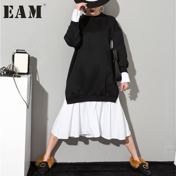 

eam] new autumn solid color round neck long sleeve black white split joint women korean sweatshirts dress as20941 d18102901, Black;pink