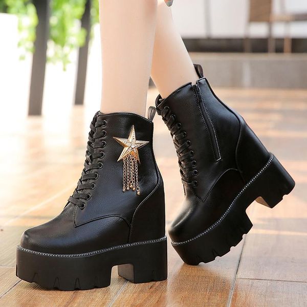 

boots autumn winter women ankle super high heels platform star round toe increasing zipper fabric short snow botas mujer, Black
