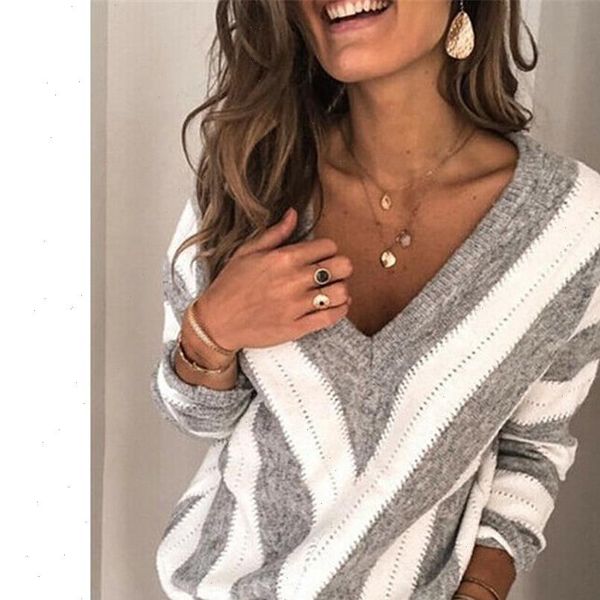 

spring sweater loose korean medium length long sleeve v collar knitted stripe sweater women pullover jumper outwear, White;black