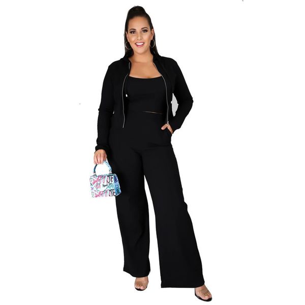 

casual solid 3 woman's ensemble spaghetti belts tank zipper jacket and loose winter suit pants oversize office lady assembly wnu2, Gray