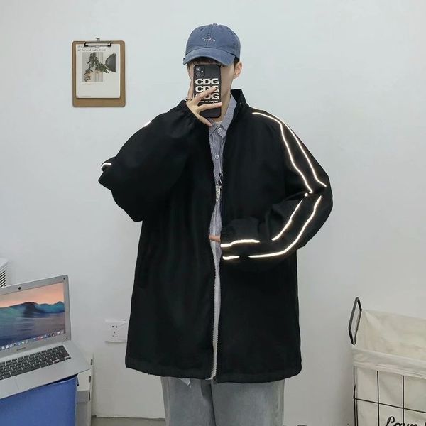 

reflective men's clothes in autumn and winter korean fashion casual zipper cardigan lapel street jacket, Black;brown