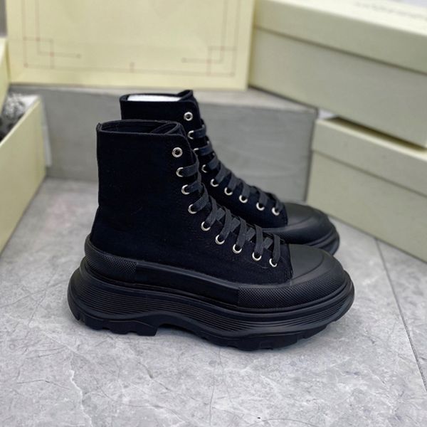 

designer brand women's casual flat shoes round head boots lace-up high heighten thick soled canvas shoes zapatos de mujer, Black
