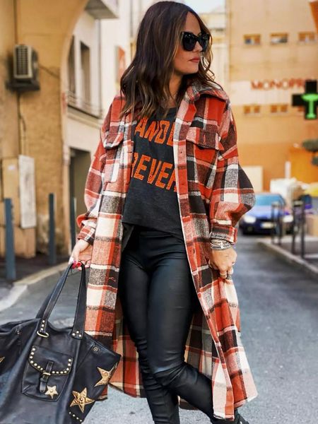

women's wool & blends plaid jacket women elegant button down streetwear spring autumn lapel outerwear plus size windbreaker casual over, Black