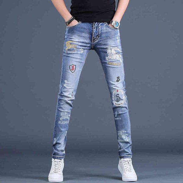 

men's jeans wholesale 2021 fashion embroidery printed skinny jeans men's autumn high-end hole korean elastic slim-fitting pencil, Blue