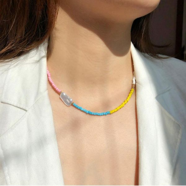 

chains mixed stained glass rice bead necklace spring and summer travel vacation temperament wild personality clavicle chain, Silver
