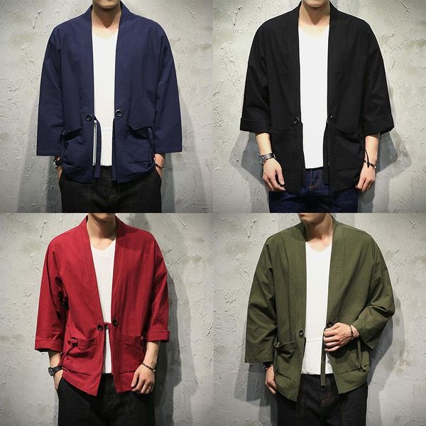 

ethnic clothing kimono for men streetwear chinese style cosplay costume asian japanese traditional black cardigan fashion haori coat, Red