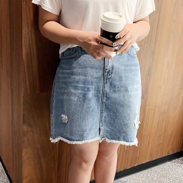 

new fashion large size denim summer female thin high waist wash water broken skirt 618 e07o, Black