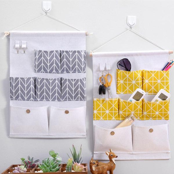 

storage bags 7 pockets wall hanging cotton linen door organizer waterproof pouch bedroom home office container