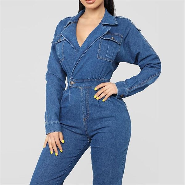 

women's jumpsuits & rompers women deep v-neck long sleeves denim jumpsuit pockets blazer collar with pocket wash bodycon, Black;white