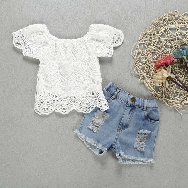 

new girls' summer short sleeve lace perforated denim shorts, children's fashion suit, White