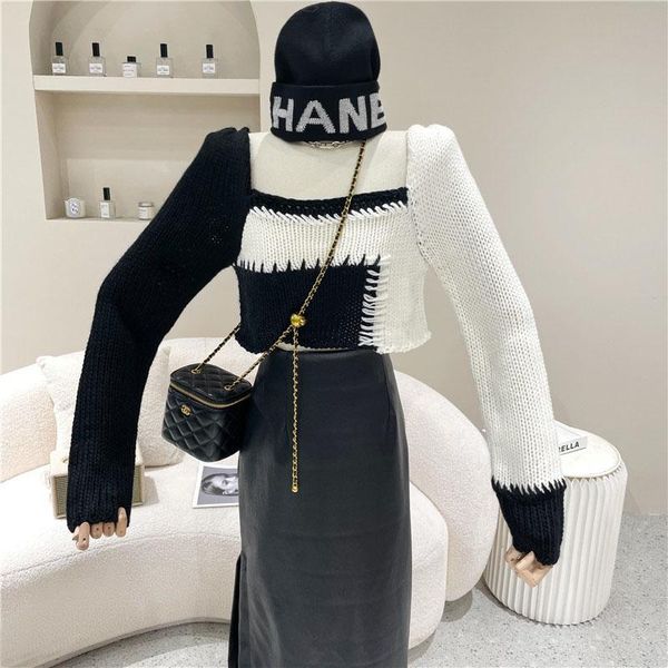 

women's sweaters temperament square collar color sweater 2021 autumn splicing open line design slim long sleeve short knitted top, White;black